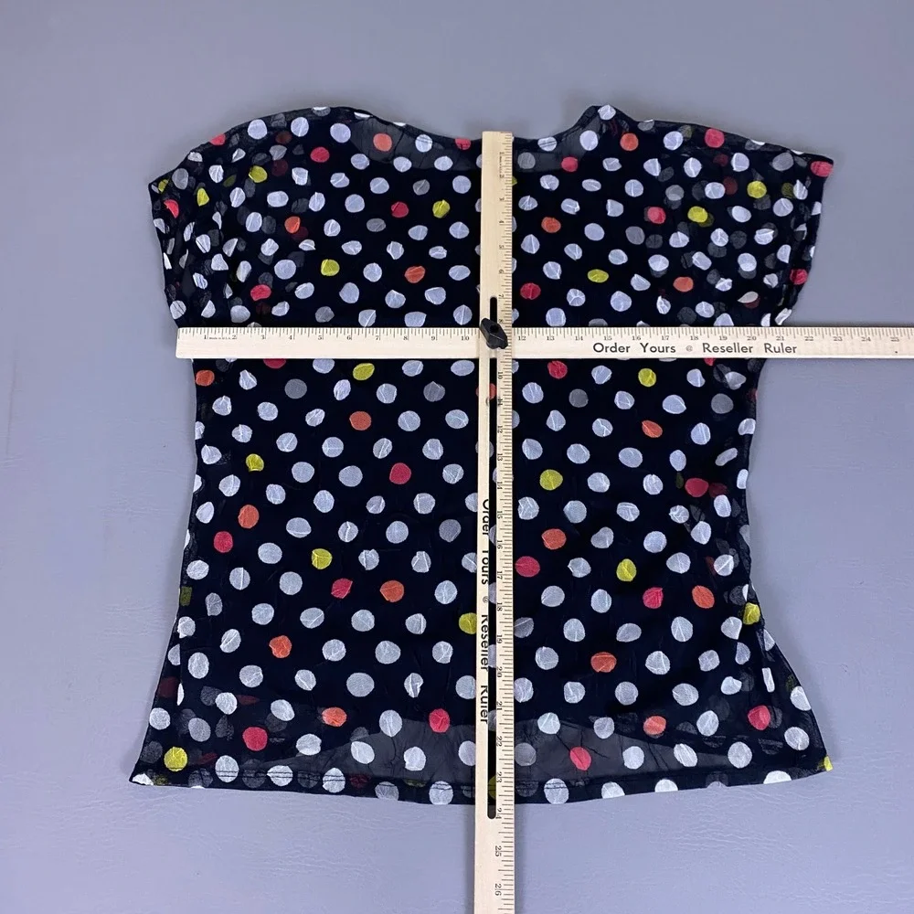 Alfani Blouse Womens XL Polka Dot Mesh V-Neck Black Red Yellow Cap Sleeve Peplum